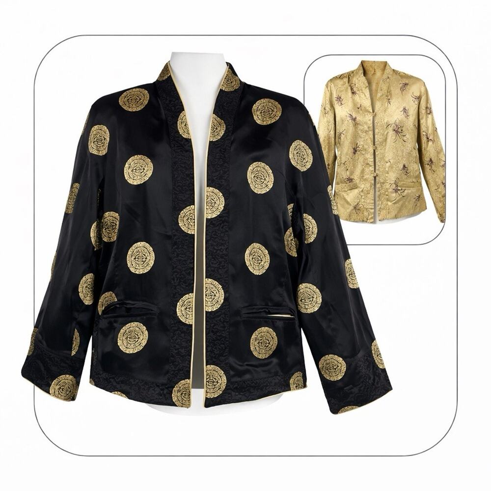 VTG Reversible Silk Haori Style Jacket Black Gold Medallion Brocade Pockets L